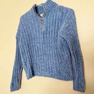Blue Ribbed Women's Pink Rose Sweater